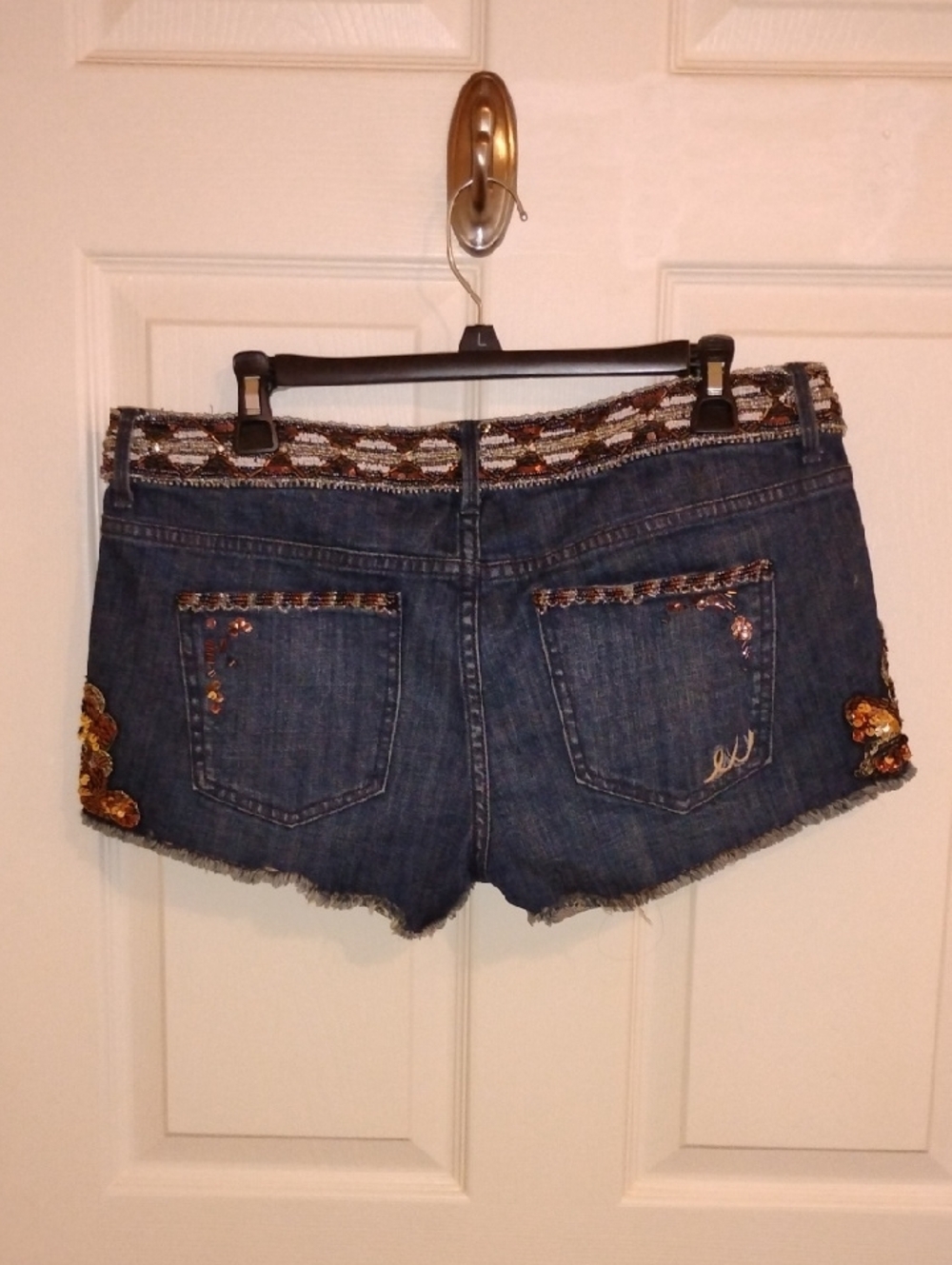 Express Dark Blue Denim Shorts with Gold Sequin Embellishment - Picture 3 of 8